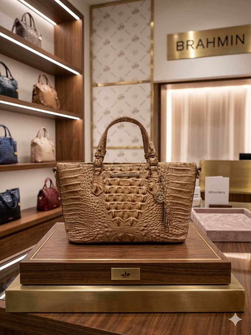 Brahmin Light Brown Croc-Embossed Leather Tote with Charm